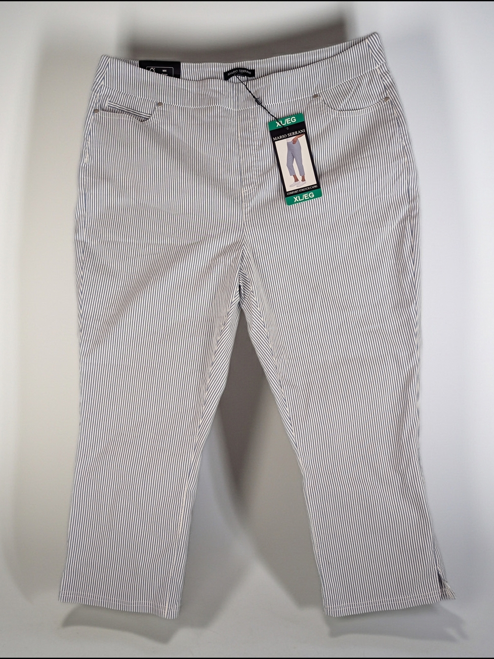 Mario Serrani Comfort Stretch Capri Pants Women's XL Navy/Ivory Striped Twill
